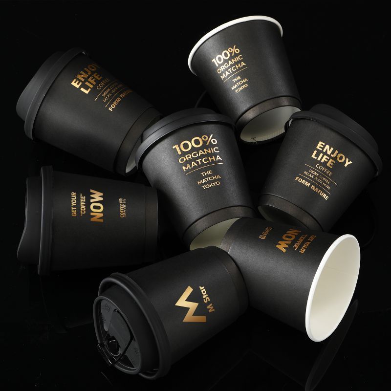 Disposable  gold foil stamping black coffee cup takeaway double wall coffee paper cups with lid