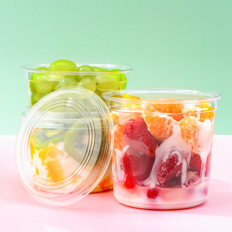 Printed Custom Logo Disposable Salad Yogurt Container Round PET Plastic Clear Fruit Salad Takeaway Large Mixing Bowl with Lids