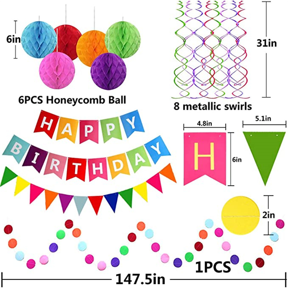 Happy Birthday Banner with Colorful Paper Flag Bunting Paper Circle Confetti Garland Swirl for birthday party  Decorations