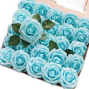 Artificial Flowers 25pcs Real Looking Aqua Blue Foam Fake Roses with Stems for DIY Wedding Bouquets Baby Shower home decor