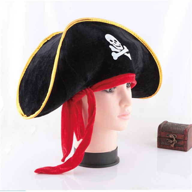 Wholesale Skull Print Pirate Captain Costume Cap Pirate Hat With Red Rope for Caribbean Fancy Dress Funny Party Accessories