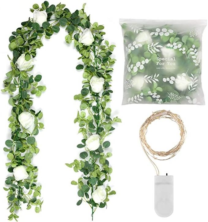 Wholesale Artificial Eucalyptus Garland Faux Greenery Garland Vines with 8 White Roses Hanging Wreath Plant with Fairy Light