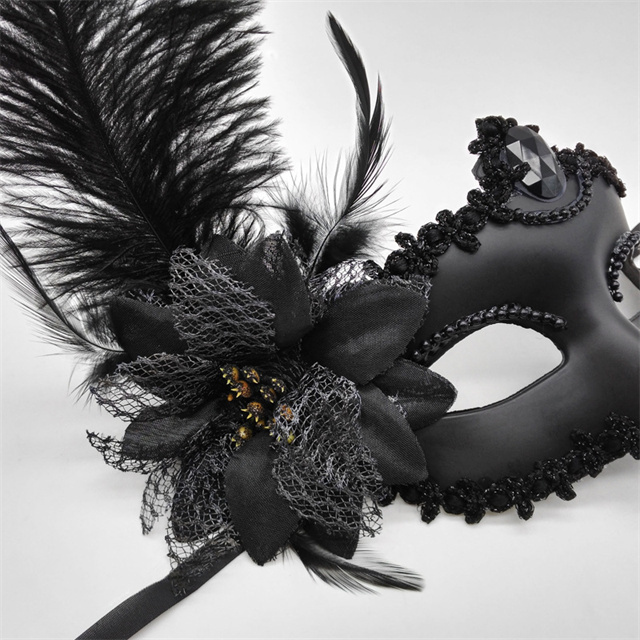 Women Masquerade Costume Mask with Diamond Half Face Feather Venetian Mask for Halloween Ball Party Black White