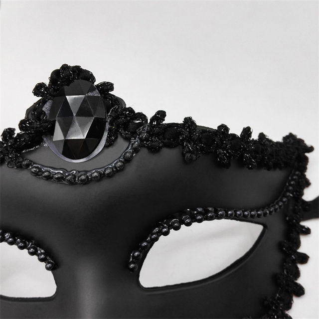 Women Masquerade Costume Mask with Diamond Half Face Feather Venetian Mask for Halloween Ball Party Black White