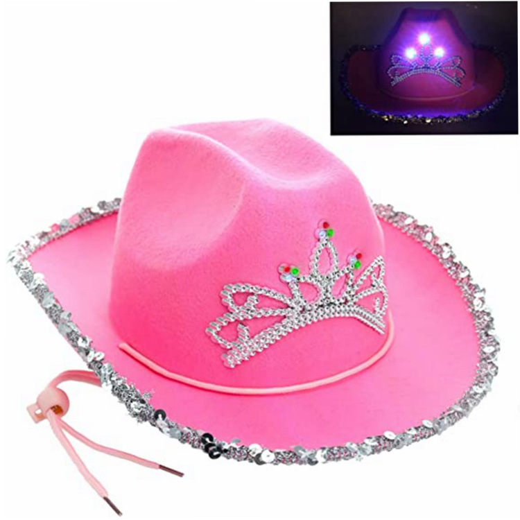 23inch Light Up LED Blinking Pink Tiara Cowboy hat cowgirl pink hat for  Easter Halloween birthday party