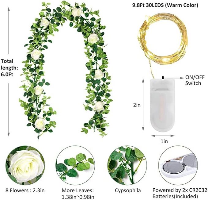 Wholesale Artificial Eucalyptus Garland Faux Greenery Garland Vines with 8 White Roses Hanging Wreath Plant with Fairy Light