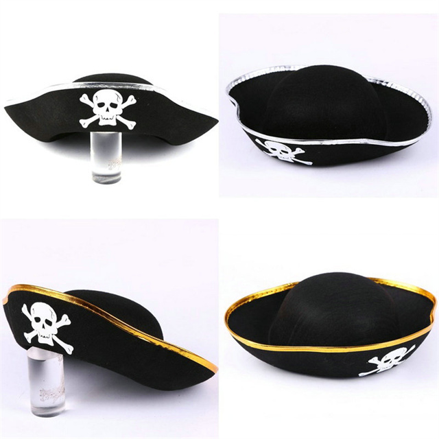 Wholesale Skull Print Pirate Captain Hat Golden Edging Buccaneer Hat Pirate Theme Parties and Halloween Costume Accessories