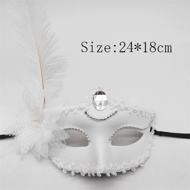 Women Masquerade Costume Mask with Diamond Half Face Feather Venetian Mask for Halloween Ball Party Black White