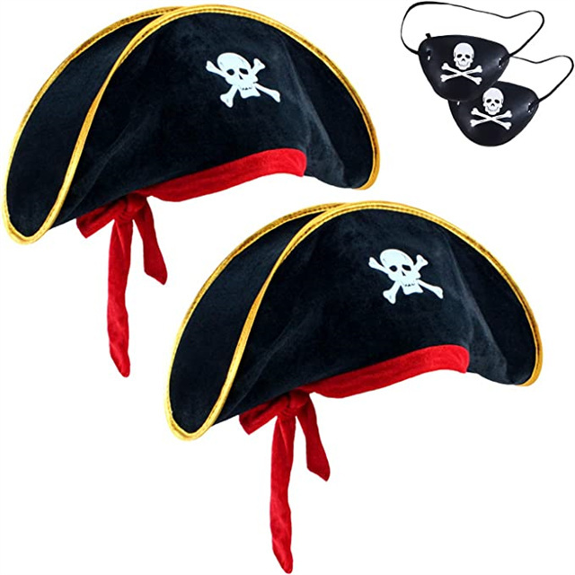 Wholesale Skull Print Pirate Captain Costume Cap Pirate Hat With Red Rope for Caribbean Fancy Dress Funny Party Accessories