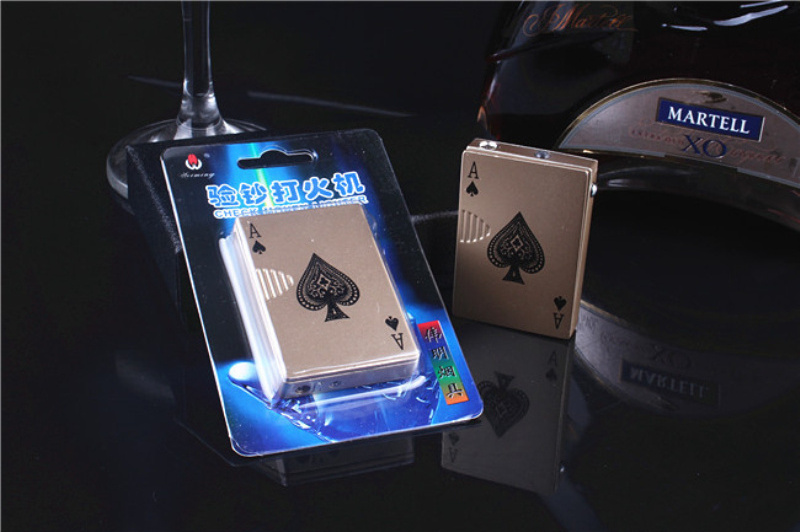 NEW Creative Butane Gas Lighters Poker Card Shape Lighter with Currency Test Light Metal Giveaways without Fuel Gift for Men 70g