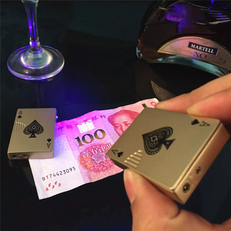 NEW Creative Butane Gas Lighters Poker Card Shape Lighter with Currency Test Light Metal Giveaways without Fuel Gift for Men 70g