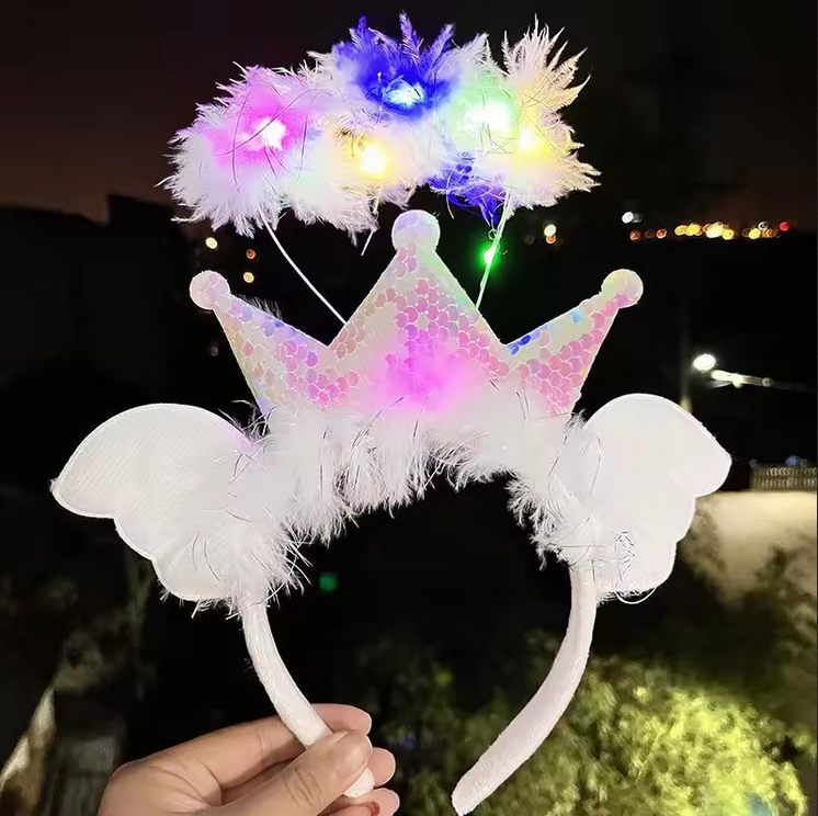 Newest Party Kids Adult Feather Led Light Angel Hair Band Light Up Crown Headband Mothers Day Cosplay Costume Party Decorations