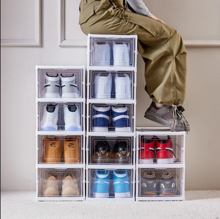 Foldable Storage Shoe Box Stackable Dustproof Living Room Sneaker Cabinet Multi Layer Cubby Shoes Rack Plastic Boxes Containers