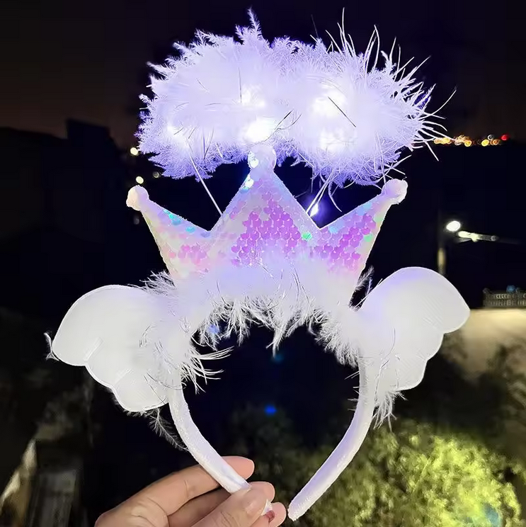 Newest Party Kids Adult Feather Led Light Angel Hair Band Light Up Crown Headband Mothers Day Cosplay Costume Party Decorations