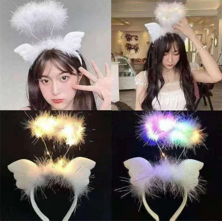 Newest Party Kids Adult Feather Led Light Angel Hair Band Light Up Crown Headband Mothers Day Cosplay Costume Party Decorations