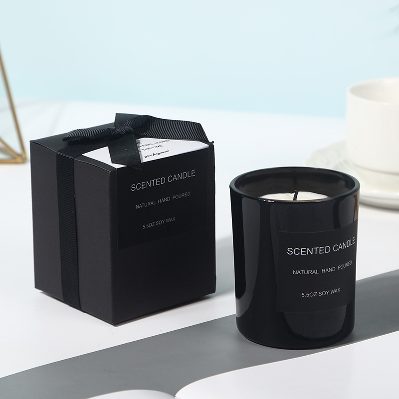 High quality bright black glass jar Bow Gift Box in bulk sage scented soybean wax smokeless scented candles