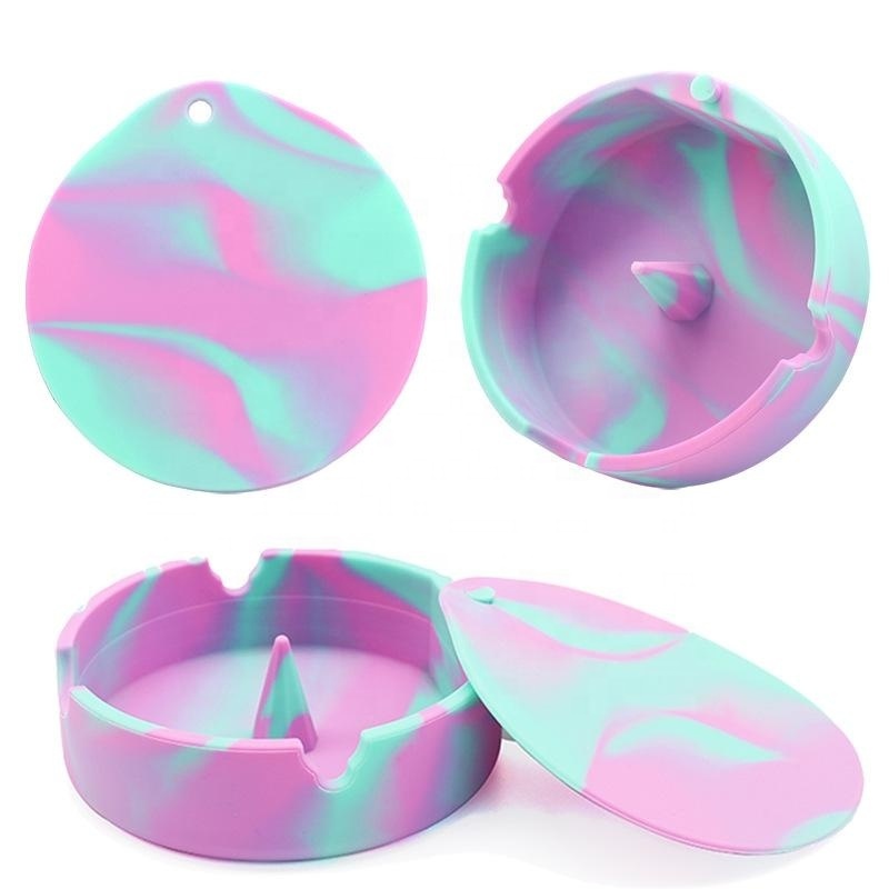 Silicone Ashtray Unbreakable Tie-Dye Round Glow in the Dark Luminous Silicone Rubber Cigarette Ashtray With Lid