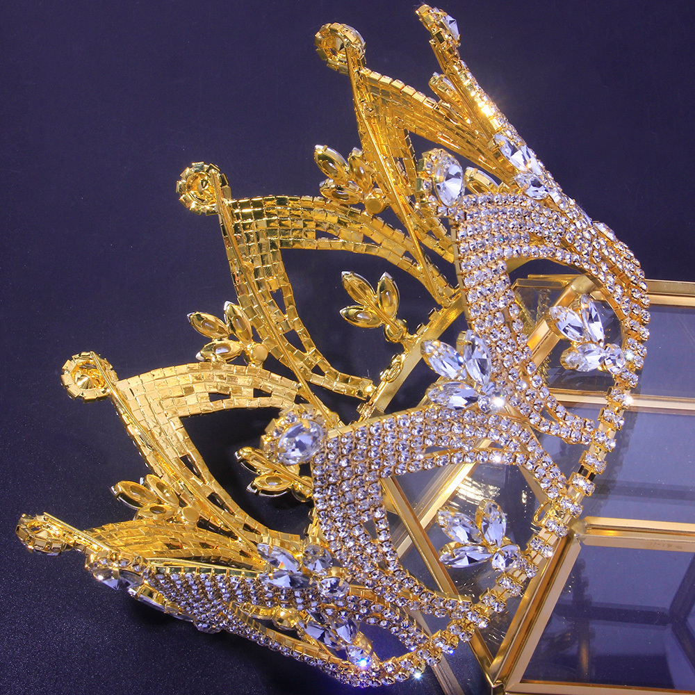 Luxury shiny crystal large gold Baroque kings crown for pageant tiara jewelry