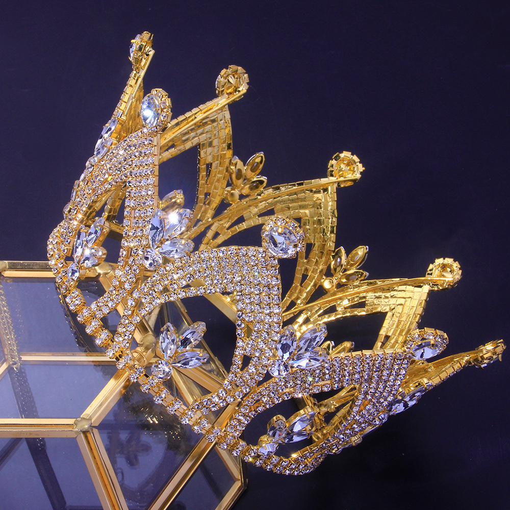 Luxury shiny crystal large gold Baroque kings crown for pageant tiara jewelry