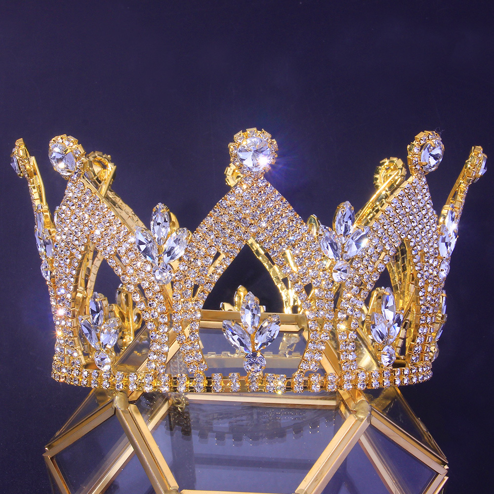 Luxury shiny crystal large gold Baroque kings crown for pageant tiara jewelry