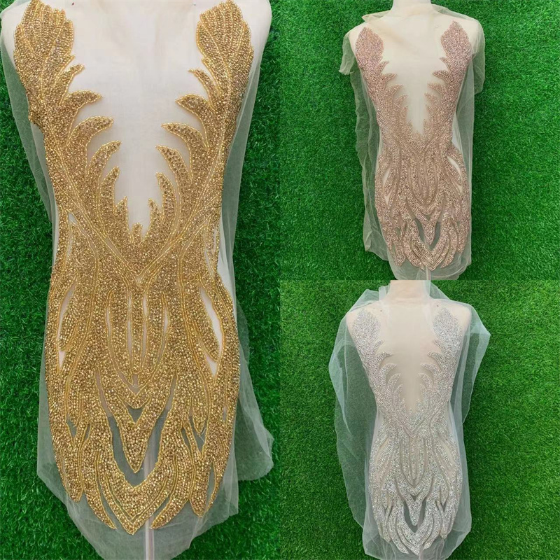 2023 Newest Gold Silver  crystal   bodice rhinestone applique Heavy industry hand crochet long dresses sewing on wedding fabric