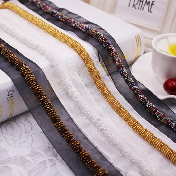 Luxury seed beads on mesh garment accessories beaded trim beaded tape for clothes