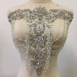 Heavy beaded clear rhinestone bodice applique diamante lace patch panel for wedding dress headpiece