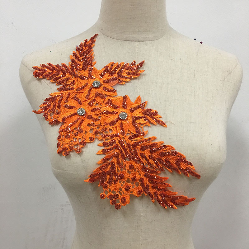 Burnt Orange Applique Beaded Sequins Flower LACE Patch Bridal Wedding Dress Embossed Beading Embroidery lace Appliques