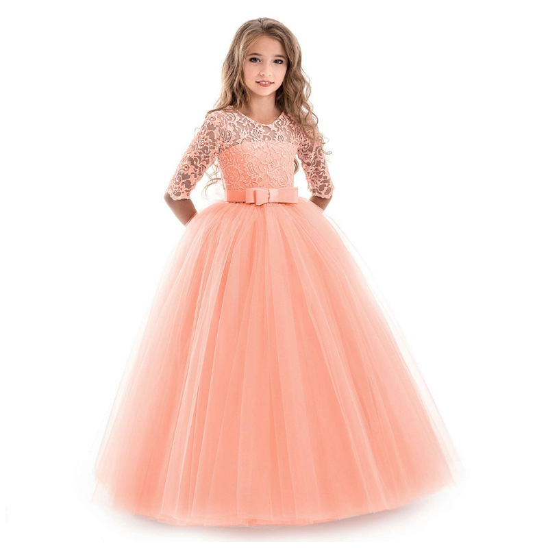 Elegant Long Frocks lace Sleeveless Princess tutu child Maxi dresses Puffy tulle dress for girls party kids dress