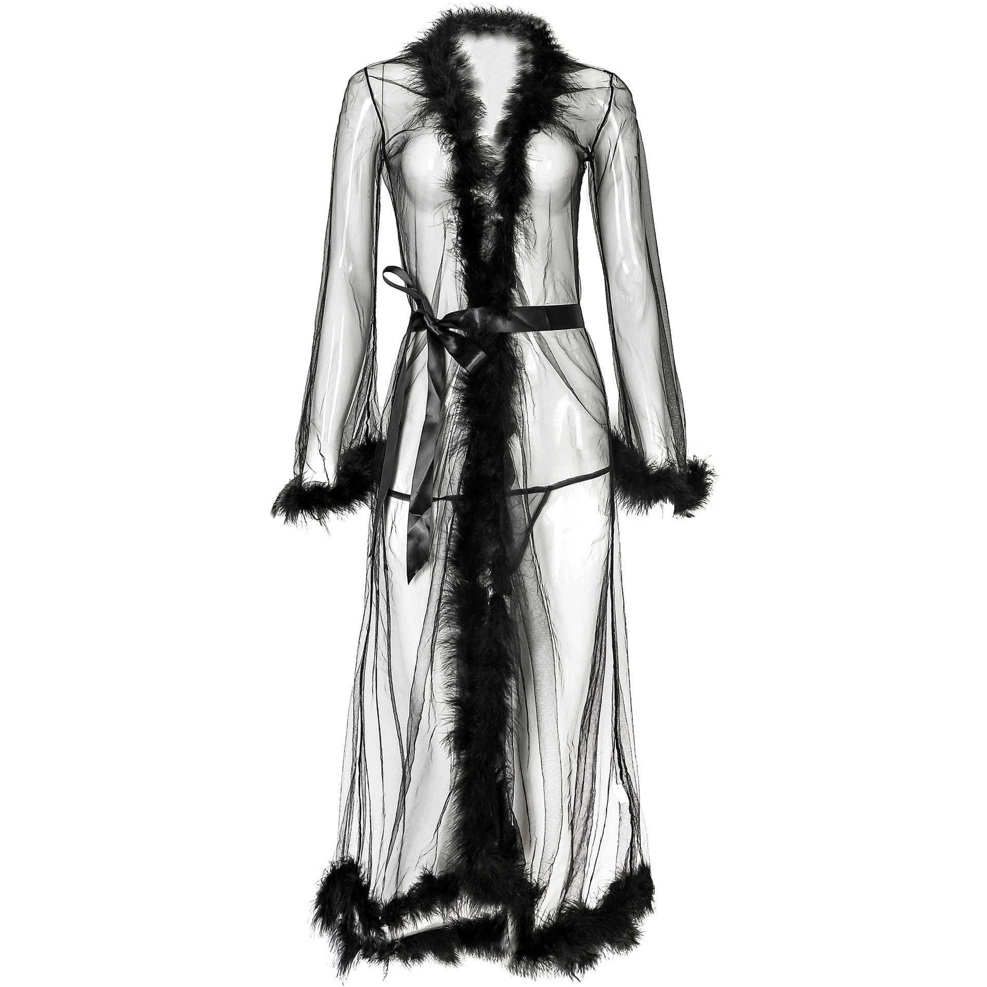 Valentines day lingerie bathrobe set long lingerie women femme fur trim robes sexy femmes women