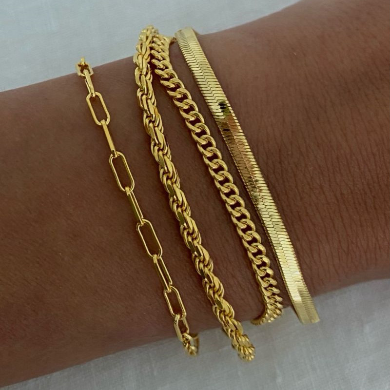 Hot Selling Waterproof 18K Gold Plated Stainless Steel Jewelry Miami Cuban Chain Bracelet Bangle Flat Snake Stacking Bracelet