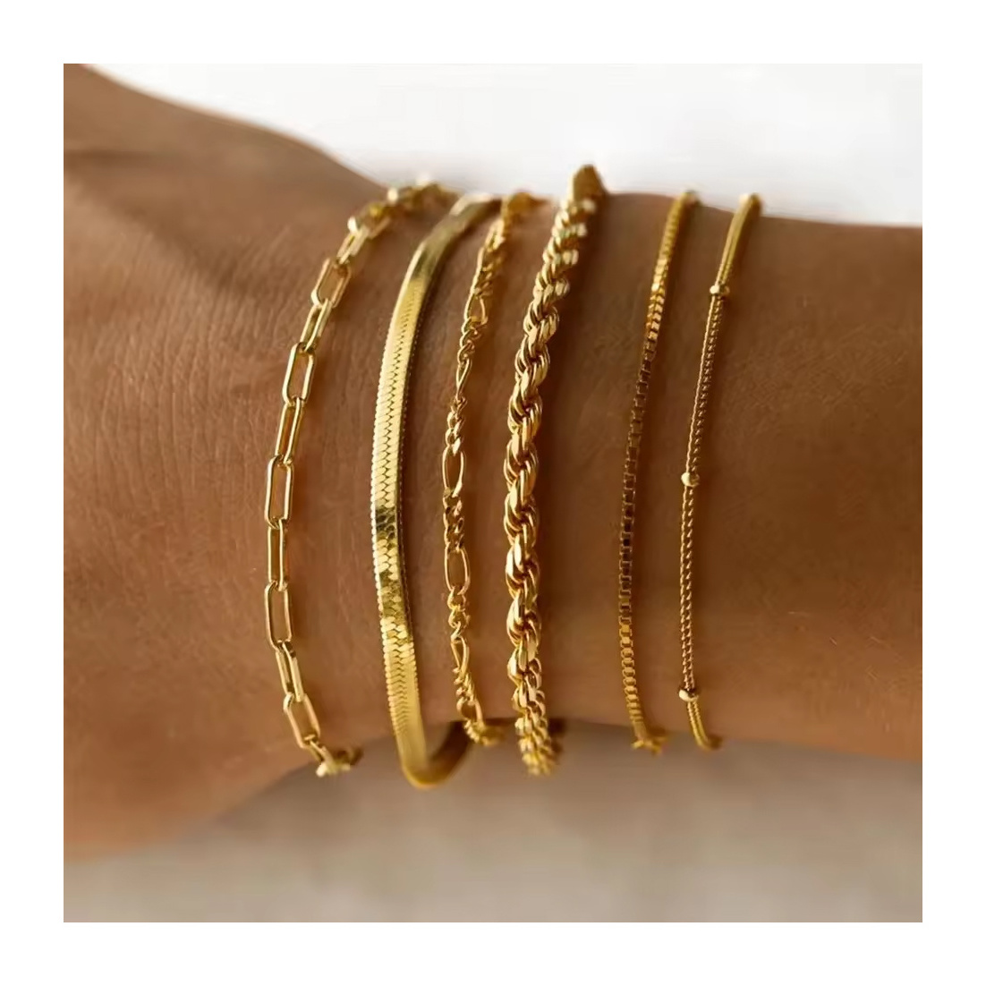 Hot Selling Waterproof 18K Gold Plated Stainless Steel Jewelry Miami Cuban Chain Bracelet Bangle Flat Snake Stacking Bracelet