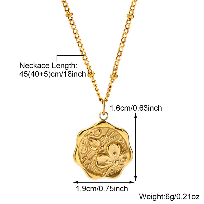 ERESI Tarnish Free 18k Gold Plated Engraved Cherry Flower Coin Necklace 316L Stainless Steel Bead Chain Charm Pendant Necklace