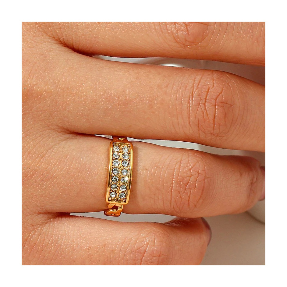 ERESI Summer 2024 New Ins Trendy 18k Pvd Gold Plated Stainless Steel Polished Figaro Two Chain Design 5a Zircon Ring For Dance