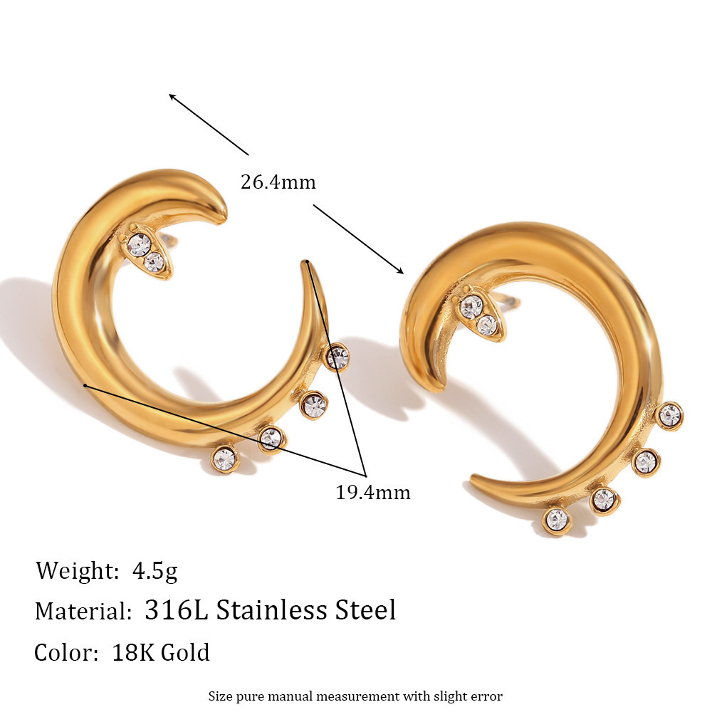 ERESI New Waterproof 18k Gold Plated Unique Hypoallergenic Stainless Steel Stylish Polished Dangle Moon C Hoop EarringsFor Women