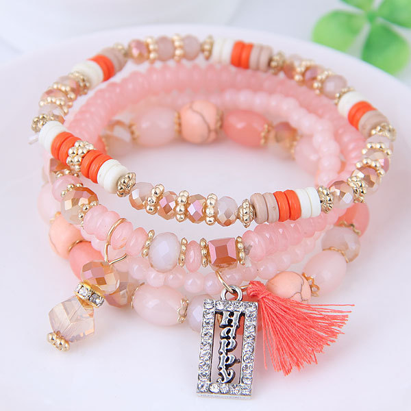 Fashion Tassel and Happy Engrave Charm Bracelet Handmade Multi Color Crystal Bracelet For Women Wholesale Set Bohemia Jewelry