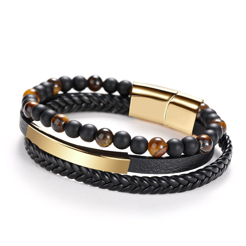 Dropshipping Chanfar Punk Tiger Eye Lava Men Natural Stone Bead Stainless Steel Magnetic Clasp Black Genuine Leather Bracelet