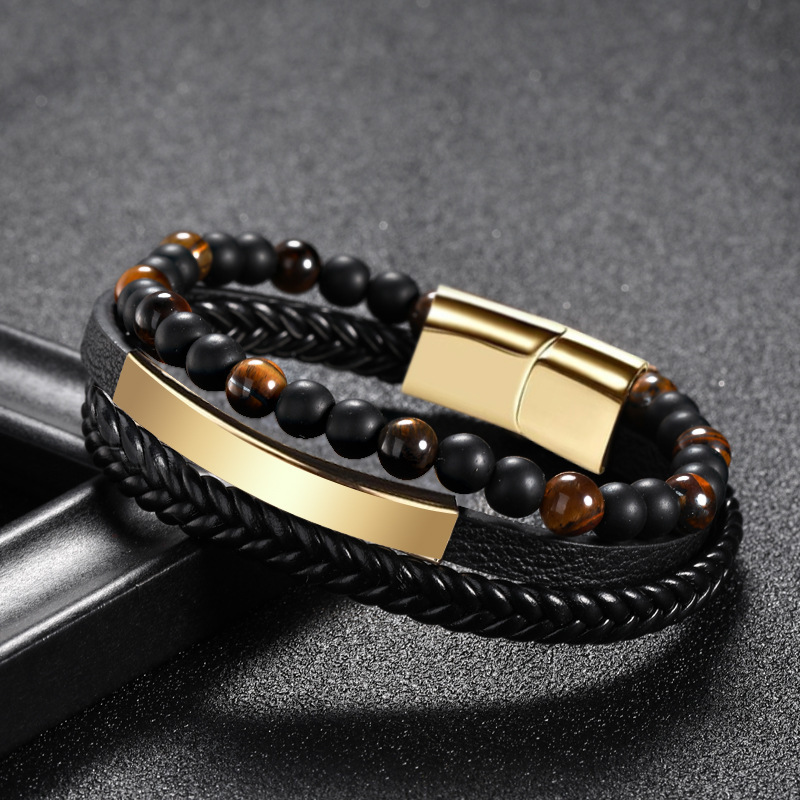 Dropshipping Chanfar Punk Tiger Eye Lava Men Natural Stone Bead Stainless Steel Magnetic Clasp Black Genuine Leather Bracelet