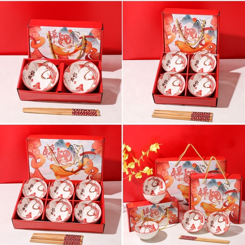 Porcelain Plate Dishes serving wedding gifts box festival souvenir Chinese traditional style cereal kitchen ceramic bowl set