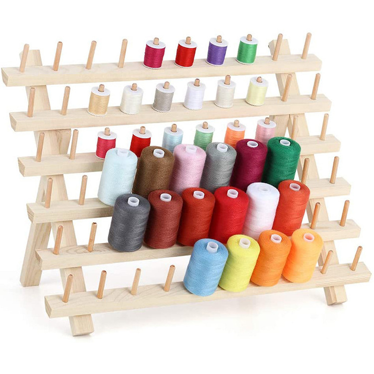 Wooden Spools Thread Rack Sewing Thread Holder Wood Yarn Rack With Hanging Hooks Wall Mount Cone Embroidery Shelf Organizer