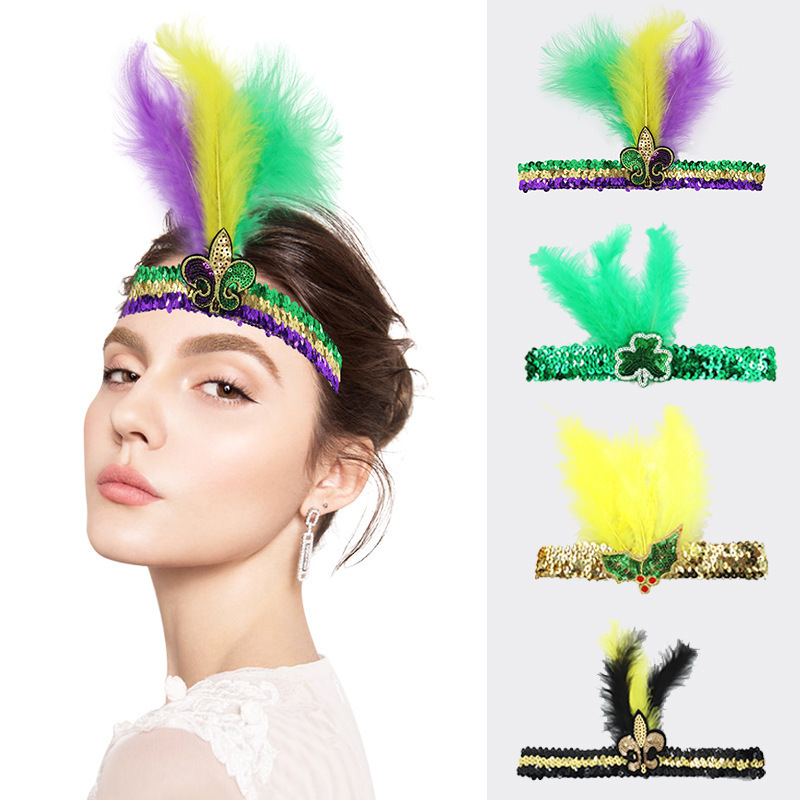 Fleur De Lis New Orleans Saints Purple Yellow Green Black Gold Feathered Sequin Headbands For Mardi Gras st patrick headband