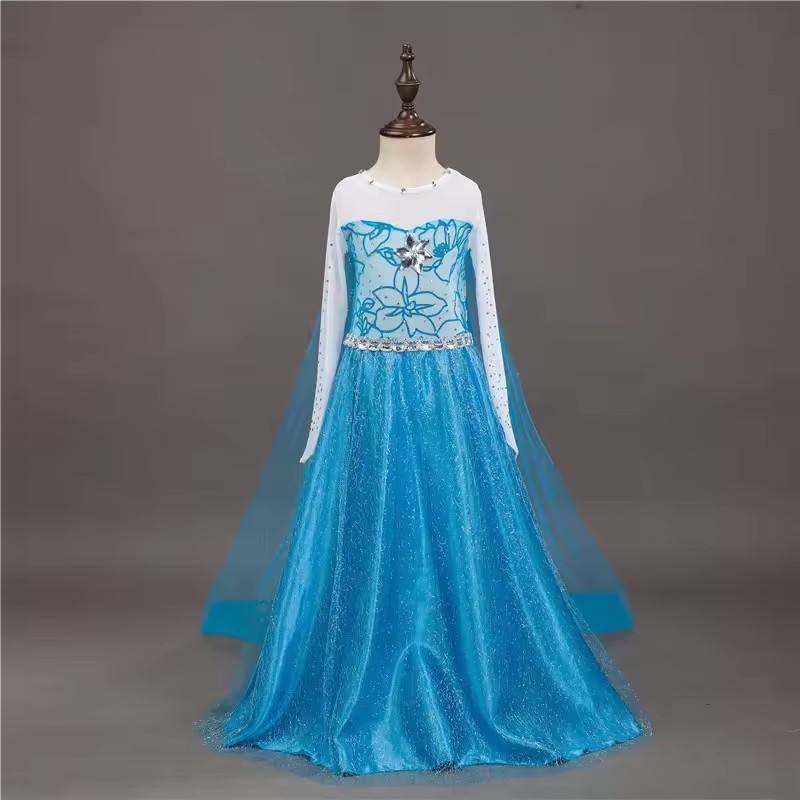 Halloween Kids Long Sleeve Carnival Party Kids Cosplay Elsa Dress for Girls Elsa Costume With Wig