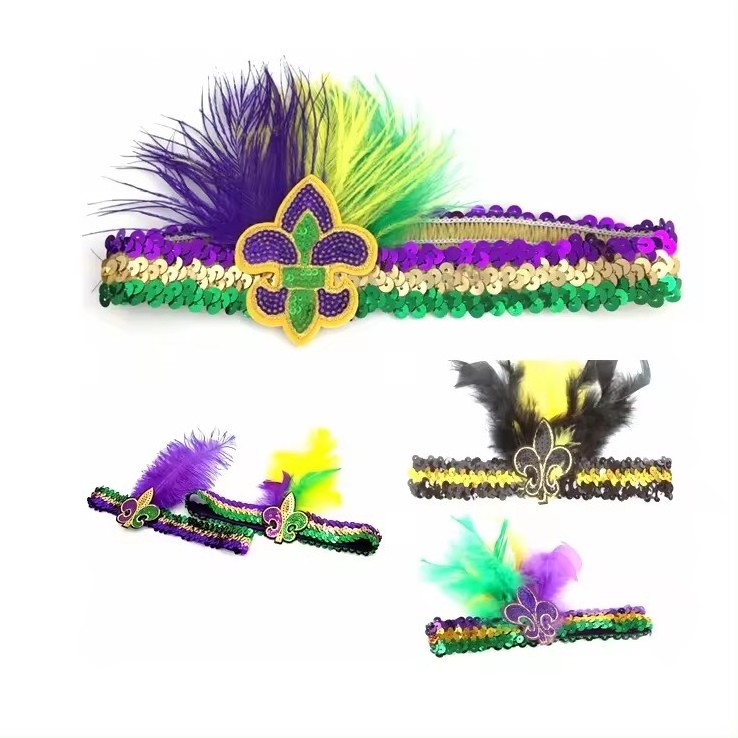 Fleur De Lis New Orleans Saints Purple Yellow Green Black Gold Feathered Sequin Headbands For Mardi Gras st patrick headband