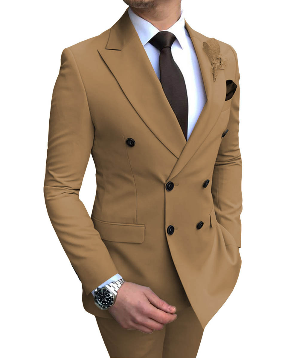 New Customized Blazer Pants New Beige Men's Suit 2 Pieces Double breasted Notch Lapel Flat Slim Fit Casual Tuxedos For Wedding