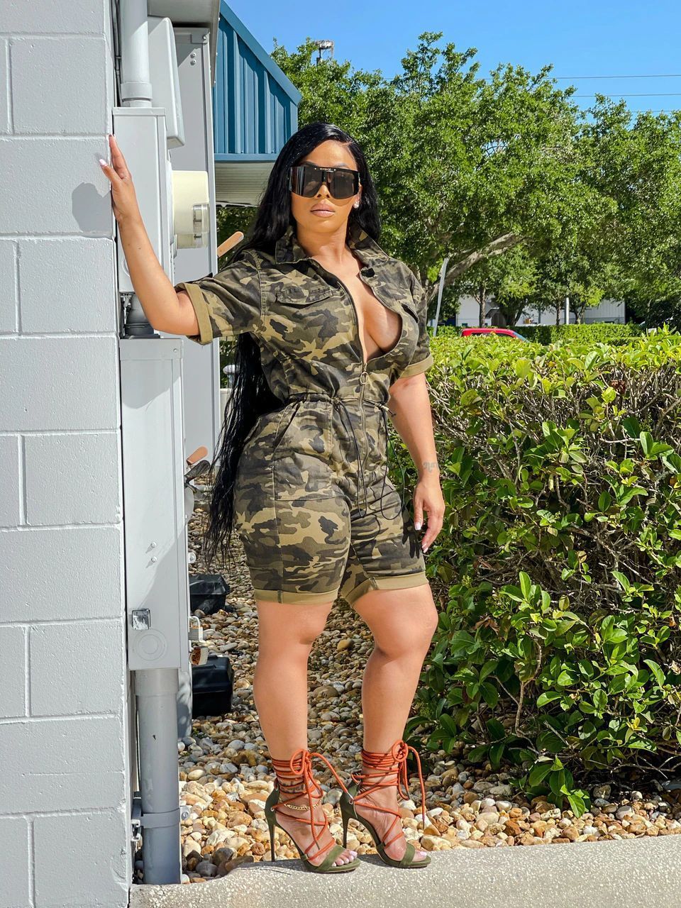 New Arrivals Spring Summer Woven Camo woman romper short jumpsuit for women Deep V Neck Shorts Camouflage jumpsuit with cardigan