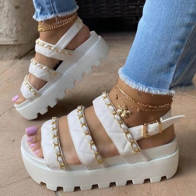 Summer thick platform casual flip flops sandals for women thick sole ladies pu sandals with metal chain slippers