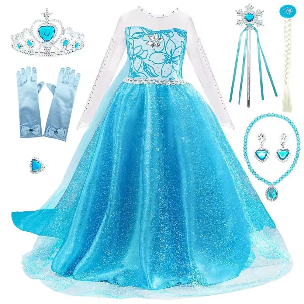 Halloween Kids Long Sleeve Carnival Party Kids Cosplay Elsa Dress for Girls Elsa Costume With Wig