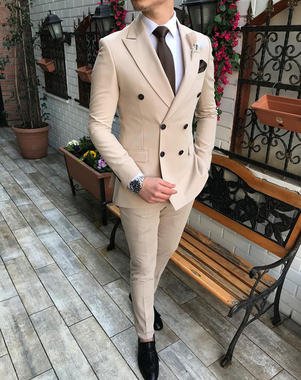 New Customized Blazer Pants New Beige Men's Suit 2 Pieces Double breasted Notch Lapel Flat Slim Fit Casual Tuxedos For Wedding