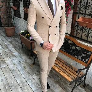 New Customized Blazer Pants New Beige Men's Suit 2 Pieces Double breasted Notch Lapel Flat Slim Fit Casual Tuxedos For Wedding