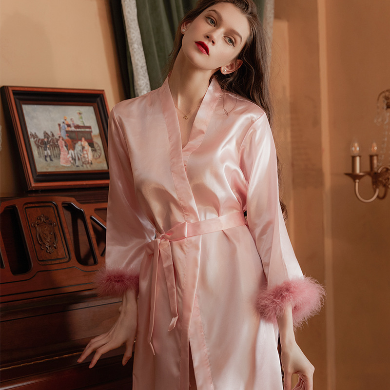 Pink White wedding accessories for bride latest bridesmaid dress patterns Robes With Feather Fur Pajamas sleepwear